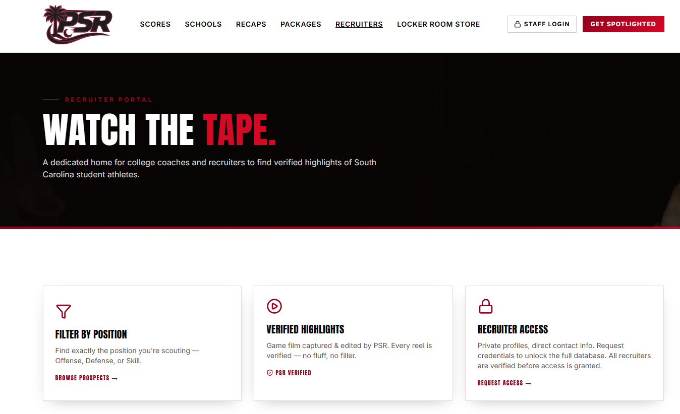 Palmetto Sports Report recruiter portal with verified highlights and recruiter access